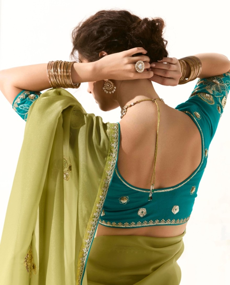 2221 - CHARMING LIGHT GREEN THREAD WORK TISSUE SILK MEHENDI WEAR SAREE